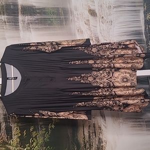 White Mark Womens 2XL black tan flowy paisley long sleeve dress with pockets
